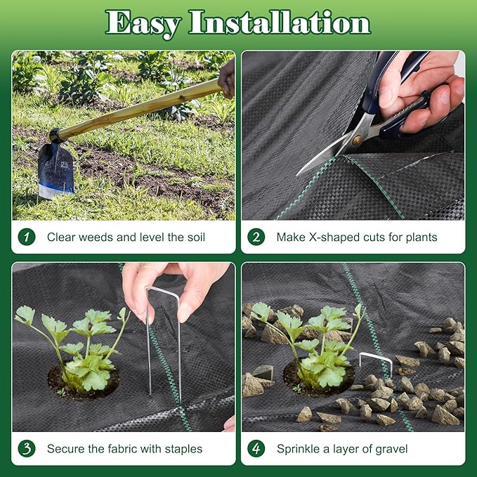 FEED GARDEN 4FT x 50FT Heavy Duty Weed Barrier Fabric, Landscape Fabric Ground Cover for Garden Beds, Raised Beds, Mulch & Gravel Paths, Woven Geotextile Weed Blocker with 15 Garden Staples