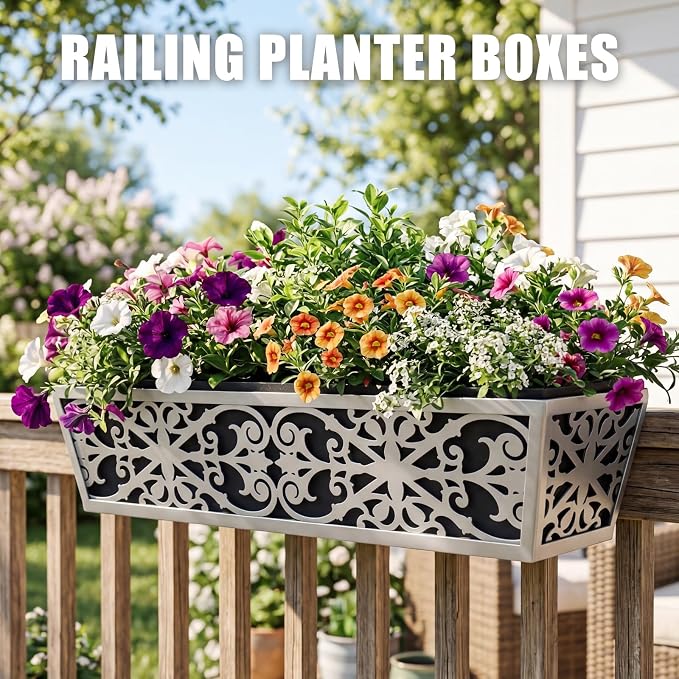 4 Pack 24 Inch Window Boxes Planter for Outdoor Plants Deck Railing Planters Box with Adjustable Brackets for Porch Fence Balcony Hanging Flower Baskets with Non-Woven Fabric Liner for Garden Decor