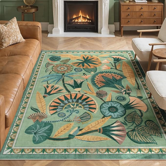 Zealude 5x7 Floral Rug, Green Rug for Living Room, Washable Low Pile Bedroom Rugs, Non Slip Throw Rugs with Rubber Backing, Soft Carpet for Dining Room Home Office Playroom