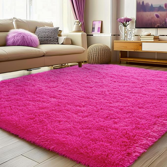 Soft Shag Fluffy Living Room Rug 5x7 Hot Pink Washable | Upgrade Non-slip, 5 x 7 Shaggy Rugs for Girls Bedroom Nursery, High Pile Fuzzy Plush Carpet Kids Room Dorm, Flame Resistant