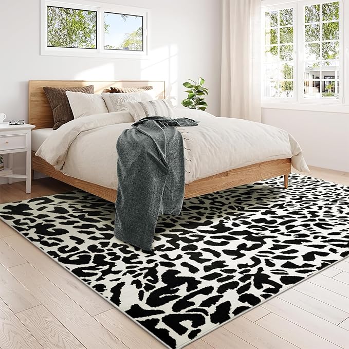 Leopard Rug for Living Room, 5x7 Black and White Cute Cheetah Print Rug Modern Washable Ultra-Thin Animal Printed Rugs for Bedroom, Girls Boys Dorm Room Nursery Room, Playroom