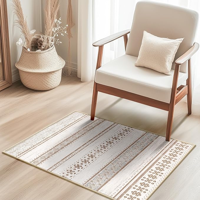 2x3 Washable Area Rugs for Living Room Boho Bathroom Rug Cream/Brown/Pink | Vacuum Friendly, Machine Washable, Non-Slip Rug, Stain Resistant, Moroccan Geometric, Low Pile Carpet, Entryway Kitchen