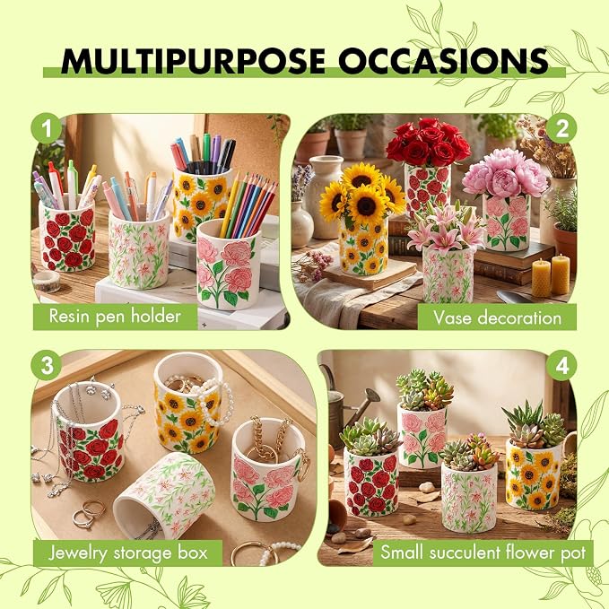 Zubebe 12 Pcs Paint Your Own Ceramic Pots Bulk Unfinished Succulent Pots Craft Kit with Drainage Hole Mini Paintable Plant Vase Ready to Paint Planter for Cactus DIY Craft (Elegant Flowers Cylinder)
