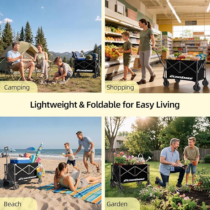 EchoSmile Lightweight Collapsible Wagon Cart, Compact Foldable Wagon for Grocery, Camping & Sports, Easy Fold Utility Wagon,Black