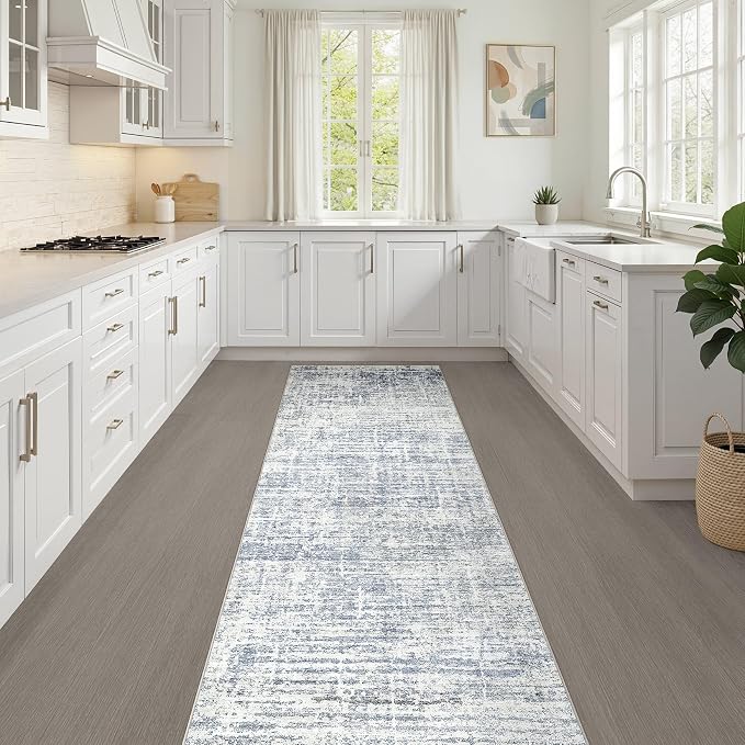 LOONGRUG Runner Rug 3x8 Washable Non-Slip Kitchen Neutral Rug Blue | Abstract Modern Soft Stain Resistant Indoor Accent Throw Carpet for Hallway Bathroom Laundry Room Bedroom Entryway