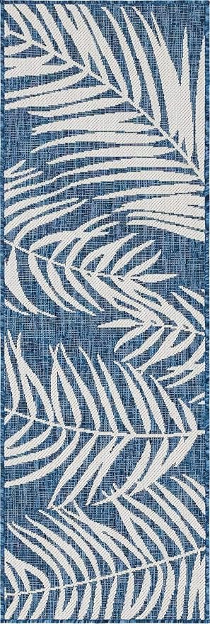Unique Loom Outdoor Botanical Collection Area Rug - Palm (2' x 6' 1" Runner, Blue/ Navy Blue)