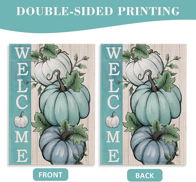 Welcome Fall Teal White Pumpkins Decorative House Flag, Autumn Farmhouse Seasonal Garden Yard Outside Decorations, Thanksgiving Rustic Burlap Outdoor Large Home Decor Double Sided 28 x 40
