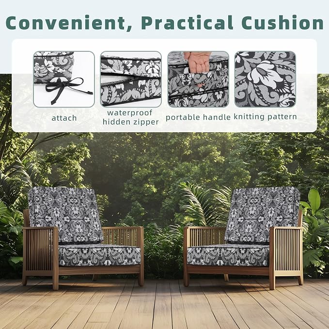 Favoyard Deep Seat Patio Cushion 24 x 24 x 4 in Waterproof Seat & Back Cushion Set with Color Fade Resisitant Pattern, Portable Handle, Attach Straps, Zipper on Removable Cover for Outdoor Furniture