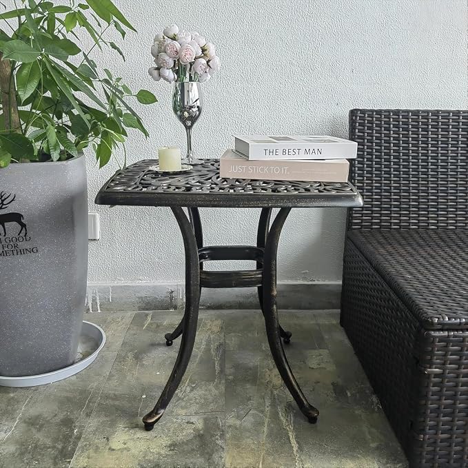 Outdoor 21" Cast Aluminum Square Side Table Set of 2 End Table for Patio, Backyard, Pool, Indoor Companion, Easy Maintenance and Weather Resistant, Bronze (Bronze)