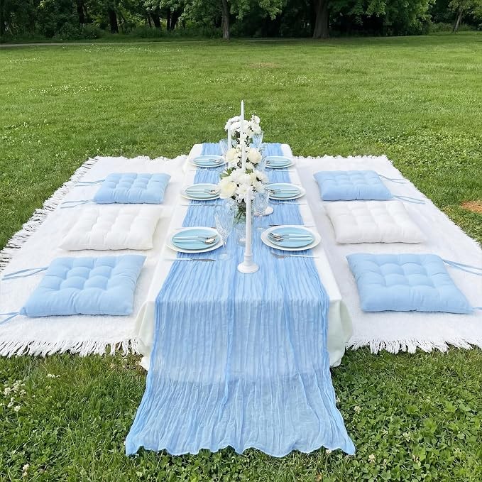 Extra Large Outdoor Picnic Blanket with Table Runner and Floor Pillow Cushion for Picnic Wedding Birthday Baby Shower Backyard Decor(91 x 71'',Light Blue,White,8 Pcs)