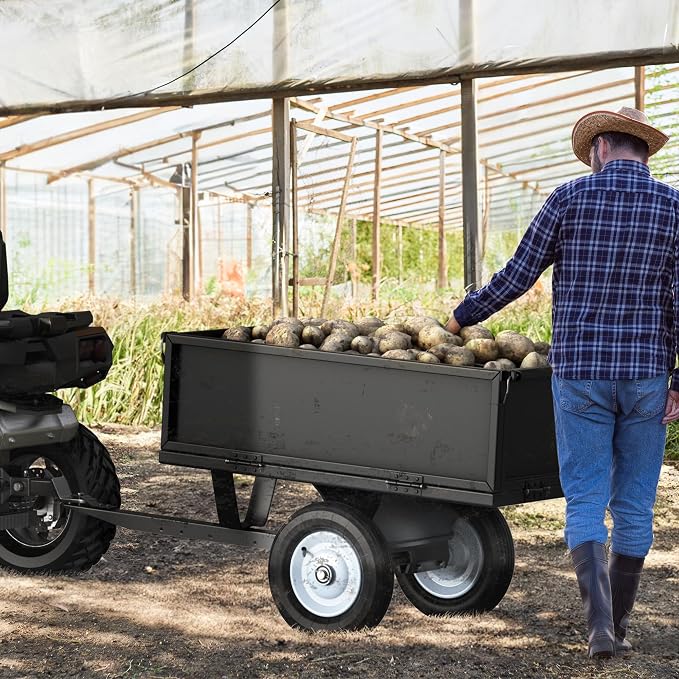 YINTATECH ATV Trailer Steel Dump Cart,Heavy Duty Pull Behind Dump Trailer with Fold-Down Side Panels, Yard Garden Utility Trailer for Lawn Mower Trailer Tractor, Alloy Steel, Black