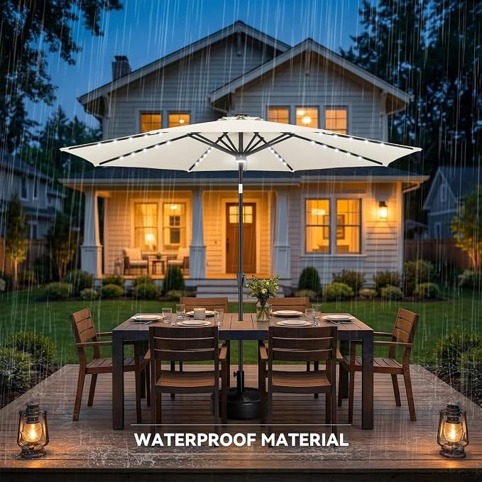 10FT Solar Umbrella Outdoor - Lighted Solar Patio Umbrella with 40 LED Lights Waterproof UV Protection, Table Umbrella with Tilt for Pool, Porch, Garden, Deck, Backyard (Ivory)