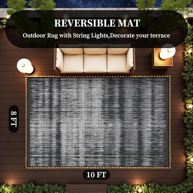 MontVoo Outdoor Rug Waterproof 8x10 ft with Strip Lights Outdoor Patio Rug Mat Reversible Plastic Straw Rug Outside Outdoor Rug for RV Camping Picnic Balcony Backyard