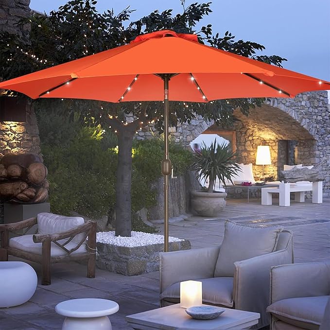 Blissun 9 ft Solar Umbrella, 32 LED Lighted Patio Umbrella, Table Market Umbrella, Outdoor Umbrella for Garden, Deck, Backyard, Pool and Beach (Orange)