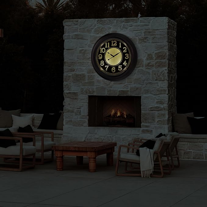 Retro Large Illuminated Outdoor & Indoor Wall Clock 18 Inch, Glow in The Dark Classic Clock with Smart Light Sensor Battery Operated, Vintage Night Light Clocks for Patio Garden Home Porch Pool