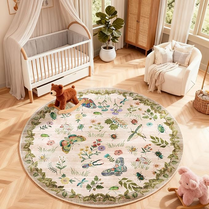 Washable Round Rugs for Bedroom 4ft: Living Room Rug Stain Resistant Non Slip Low Pile Ultra Soft Faux Wool Small Circle Rugs for Kitchen Entryway Bathroom Nursery Dorm Home Office Entrance Indoor