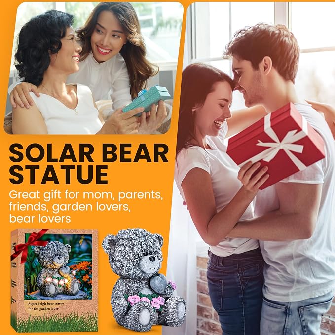 YDKOJGW Solar Garden Outdoor Statues Bear with Heart and Pink Flower and 5 LED Lights-Lawn Decor Bear Statue for Patio, Balcony, Yard Ornament-Unique Housewarming Gifts for Mom, Women
