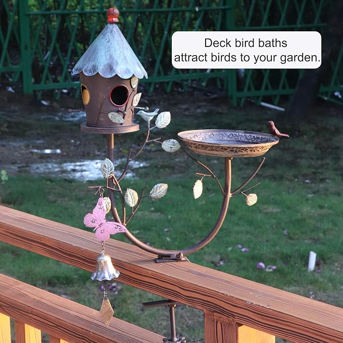 HLQMFHT Deck Bird Bath, Metal Bird Bath and Bird Houses, Decorative Deck Mounted Bird Baths, Detachable and Adjustable Sturdy Deck Bird Bath for Outdoor Porch Yard Garden Decoration