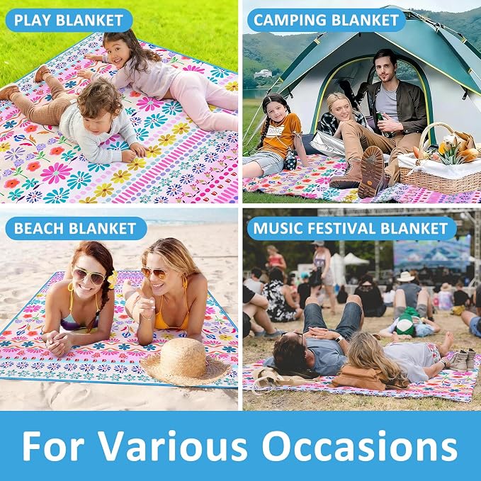 Floral Picnic Blankets Waterproof Foldable, 60″X80″ Packable Picnic Mat Flowers Outdoor Blanket for Grass, Large Beach Blanket Sandproof Picnic Accessories for Camping Music Festival Park Lawn Travel