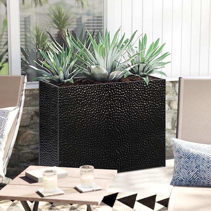 Tall Planters for Outdoor Plants - Hand-Hammered Metal Large Rectangular Block Planter Box with Drainage Holes, Modern Planters Indoor Outdoor Flower Plant Pots Patio Yard Front Porch Deck,32x12x24"