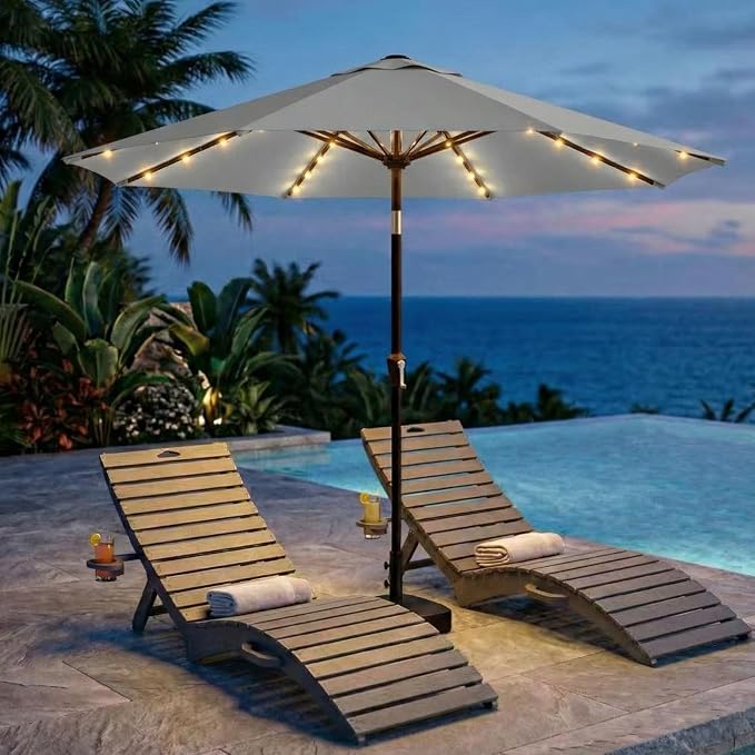 Kingdura 10FT Outdoor Patio Umbrella with Solar Lights, Market Table Umbrella with Push Button Tilt & Crank, 8 Sturdy Ribs, 32 LED Lights, UV Protection for Garden Lawn Deck Backyard Pool (Light grey)