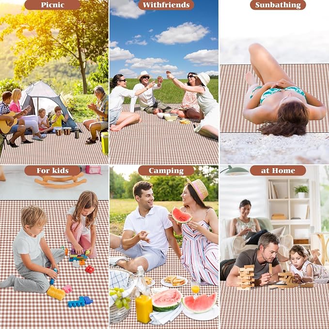 Picnic Blanket Waterproof Beach Rug 80''x118'' Picnic Mat Washable Lightweight with Handle Coffee Checkered for Hiking Travelling Outdoor Camping,Parks