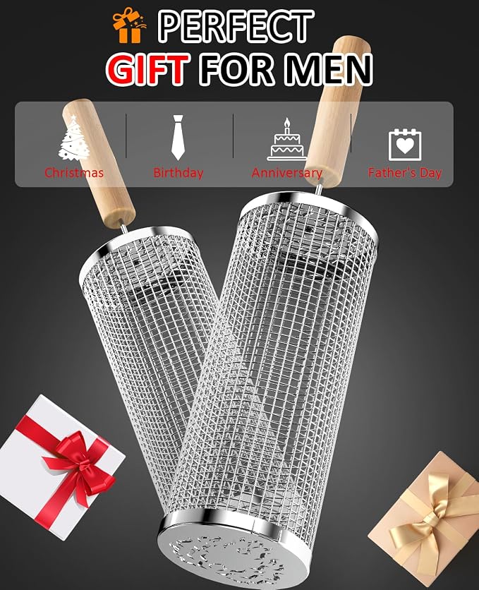Rolling Grill Basket, Grill Gift for Men, Removable Wooden Handle, 304 Stainless Steel, Nesting BBQ Tools for Vegetable, Outdoor Smoker Camping Accessories, Ideal Gifts for Men Dad Husband Birthday