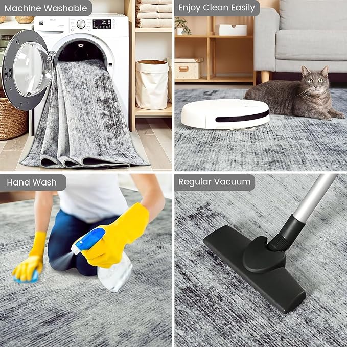 Toneed Washable 7x9 Grey Area Rug with Non-Slip Backing for Living Room | Abstract Modern Rugs, Soft Low Pile Carpet for Bedroom Kitchen Dining Room Nursery Indoor Floor Office Home Decor