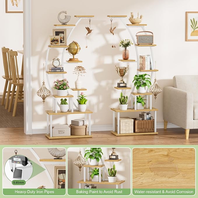 BACEKOLL Plant Stand Indoor with Grow Lights, 9 Tiered Metal Plant Shelf, 64" Tall Plant Stand for Indoor Plants Multiple, Large Plant Rack Display Shelf, Curved Plant Holder for Living Room, White
