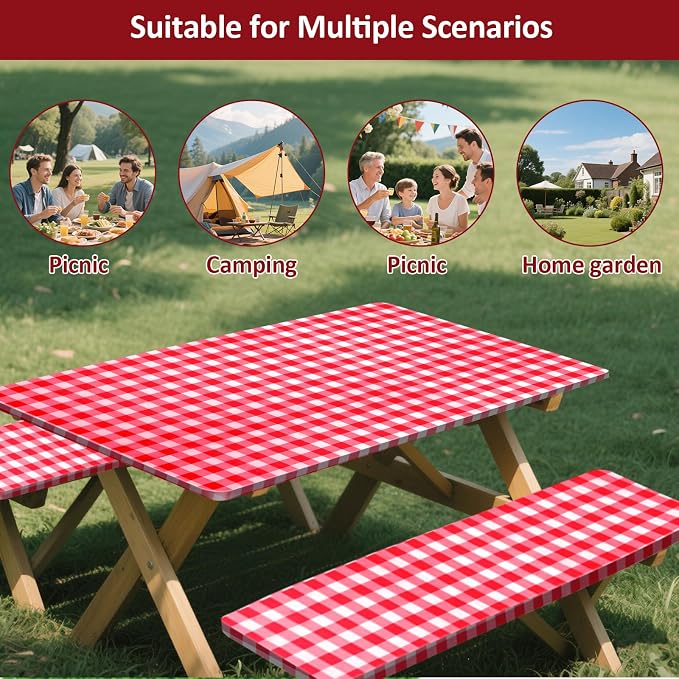 7ft Picnic Table and Bench Cover, Camping Essentials RV Gear, 84 in Waterproof Windproof Outdoor Elastic All Around Tablecloth, Fitted Rectangle Tables and Seats, Red-White Checkered
