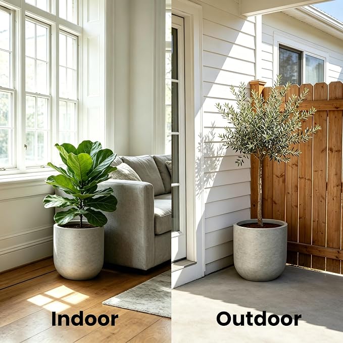 Kante 11" Round Concrete Planter, Medium Plant Pot with Drainage Hole & Rubber Plug β Lightweight Rustic Concrete Container for Indoor Outdoor, Home Garden Patio