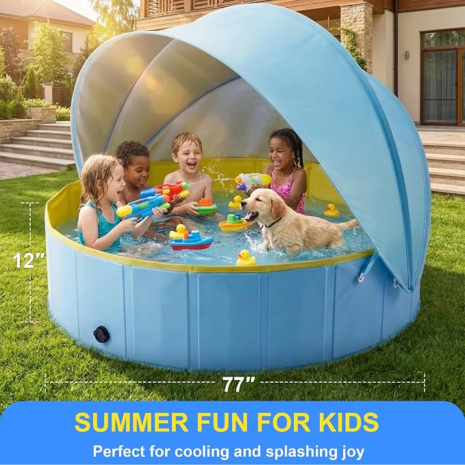 Kiddie Pool with Canopy, Large Foldable Pool Detachable UPF 50+ Sunshade | 77in Pool, Removable Sunshade, Foldable, Non Slip, Swimming Pool Beach Essentials Tent with Shade for Outdoor Backyard Beach
