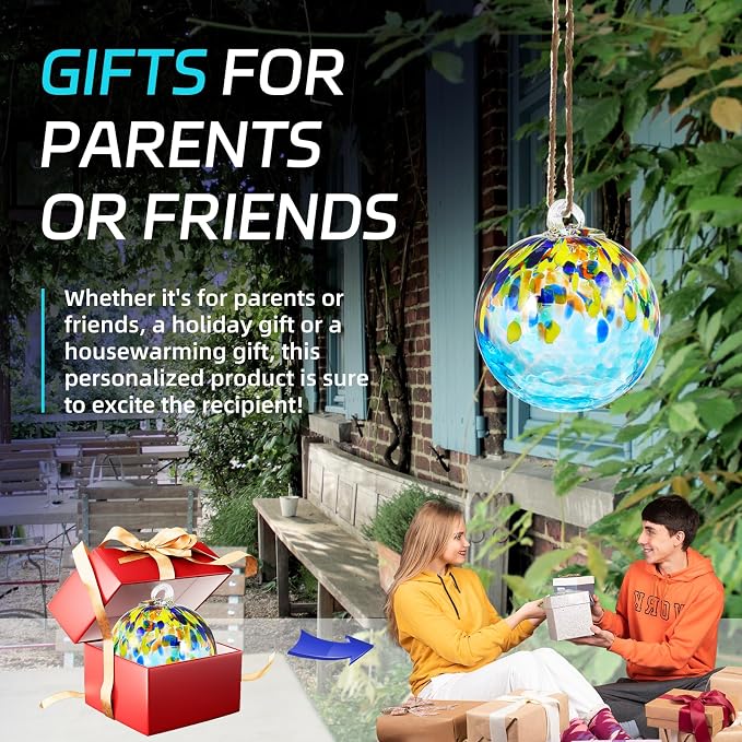 VOREEN 4" Hanging Glass Garden Gazing Ball Hand Blown Glass Witch Ball Christmas Ornament Friendship Balls for Outdoor Garden Patio Window Home Décor, Gift for Mom Wife Friend, Blue Ocean