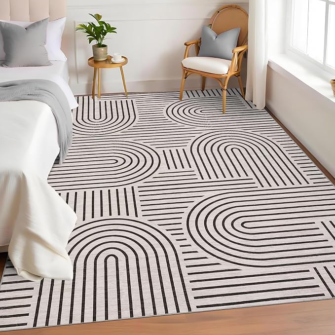 ROYHOME Modern Washable Rug Rainbow 8x10 Area Rugs for Living Room Non Slip | Abstract Rug for Bedroom, Throw Rugs with Rubber Back, Low Pile Stain Resistant Geometric Carpet for Dining Room, Light Camel