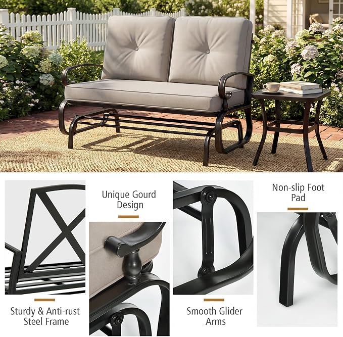 Giantex Outdoor Glider Bench, Patio 2 Person Loveseat with Removable Cushion, Thick Padded Seat, Stable Steel Frame, Outside Glider Swing Chair for Deck, Poolside, Yard, Balcony, Porch, Beige