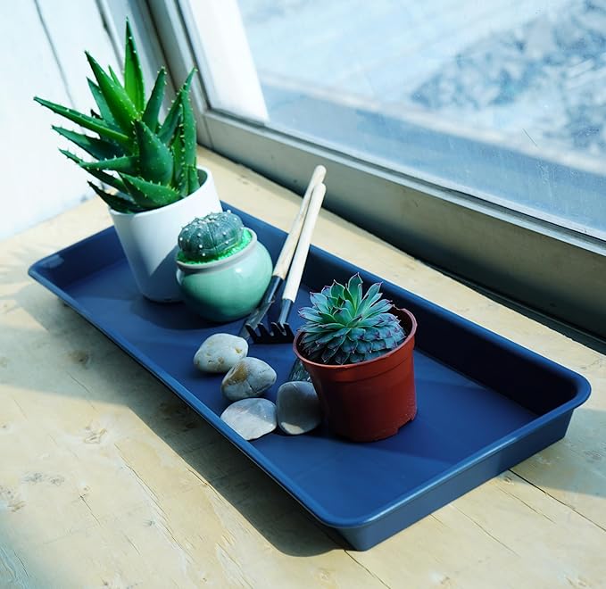VUWEZ 2 Pack Plastic Plant Trays - Rectangular 30 inch, Indoor/Outdoor Plant Water Drip Trays for Flower Pot Planter, Windowsill (8 X 30'', Blue)