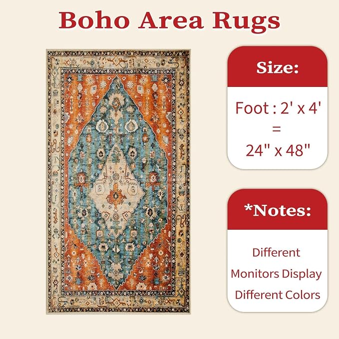 SERISSA 2x4 Washable Non Slip Boho Runner Rug for Entryway | Ultra Soft Vintage Oriental Carpet Low-Pile Tribal Entrance Carpet for Kitchen Bedroom Hallway Laundry Room Bathroom