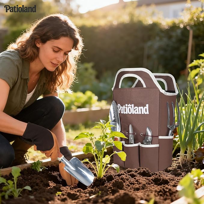 10-Piece Brown Garden Tool Set, Patioland Aluminum Gardening Hand Tools Kit W/Ergonomic Non-Slip Handles,Organizer Tote Bag, Apron, Gloves,Complete Starter Garden Supplies Gardener Gift for Women Men