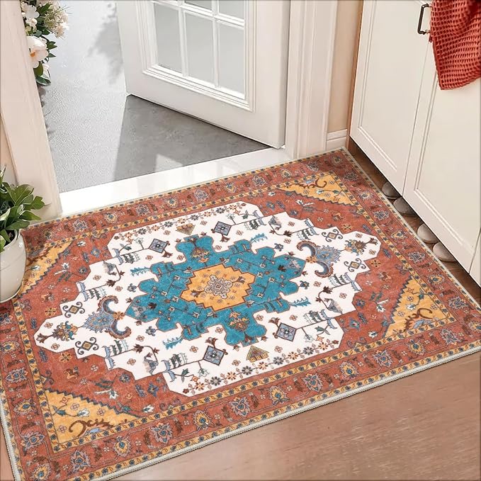 SERISSA 2x3 Washable Non Slip Boho Small Area Rug for Entryway,Orange | Ultra Soft Vintage Oriental Carpet Low-Pile Tribal Indoor Mat Floor Carpet for Entrance Bedroom Kitchen Bathroom