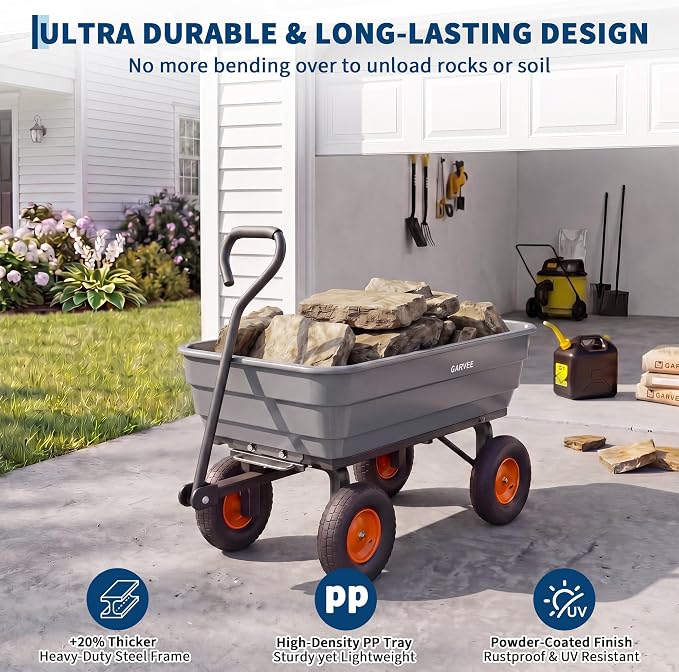 Garvee Poly Garden Dump Cart, Heavy Duty 600lbs Wheelbarrow Yard Cart Dump Wagon with 10”All Terrain Wheels, Garden Utility Wagon with Quick Release System& Convertible Handle Attach to ATV (Gray) | Heavy Duty,10”All Terrain Wheels, Garden Utility Wago...