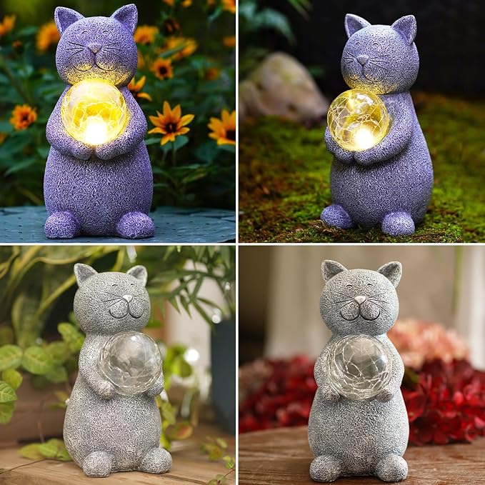 Solar Garden Cat Statue - Cat Garden Decor for Yard Patio | Cats Decoration for Garden Lawn Balcony - Gifts for Mom Grandma