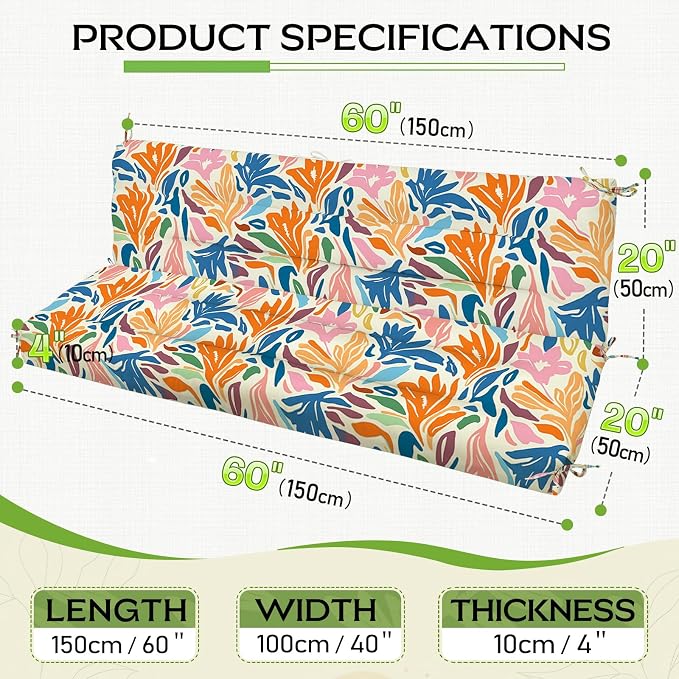 Outdoor Swing Cushion with Backrest, Tie Straps & Memory Foam - Replacement for Porch Bench 2/3 Seater, Oxford Fabric (Multicolor, 60 INCH × 40 INCH)