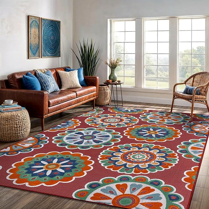 Outdoor Rug 10x14 Washable Area Rugs Indoor Outdoor Carpets Red Bohemian Medallion Non Shedding Waterproof Easy Clean Patio Deck Porch Living Room Bedroom Garden RV (10 X 14 Red)