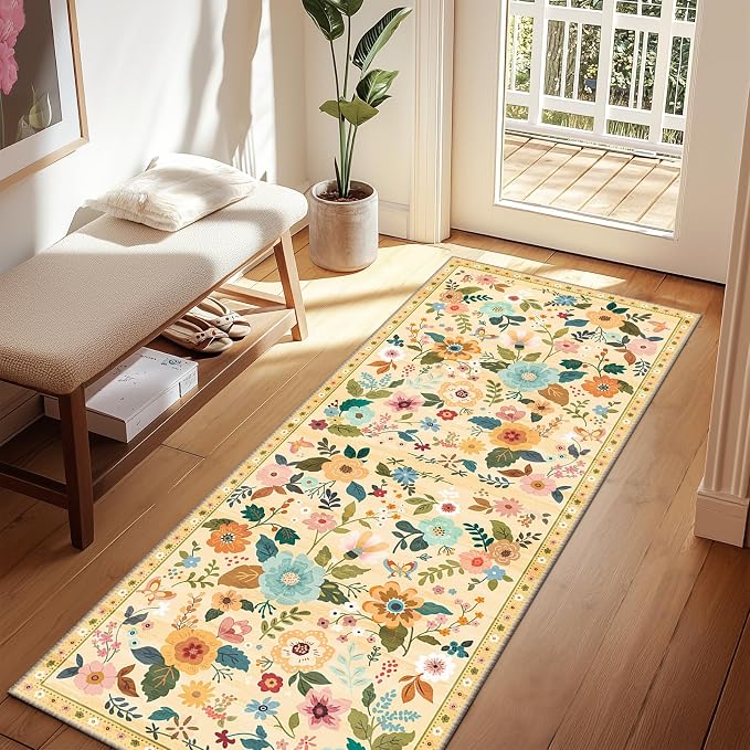 Floral Washable 2x8 Area Rugs Runner Entryway Hallway Yellow/Orange | Flower Carpet, Print, Boho, Non-Slip, Easy to Clean, Low Pile, Soft, for Living Room Bedroom Kitchen Office Entrance