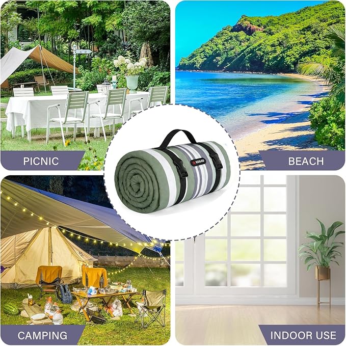 HX&OD Outdoor Picnic Blanket Extra Large, 80''*80' Waterproof Picnic Mat with Stakes Foldable Camping Blanket Portable with Carry Strap for Beach Mat (Green, 80''*80'')