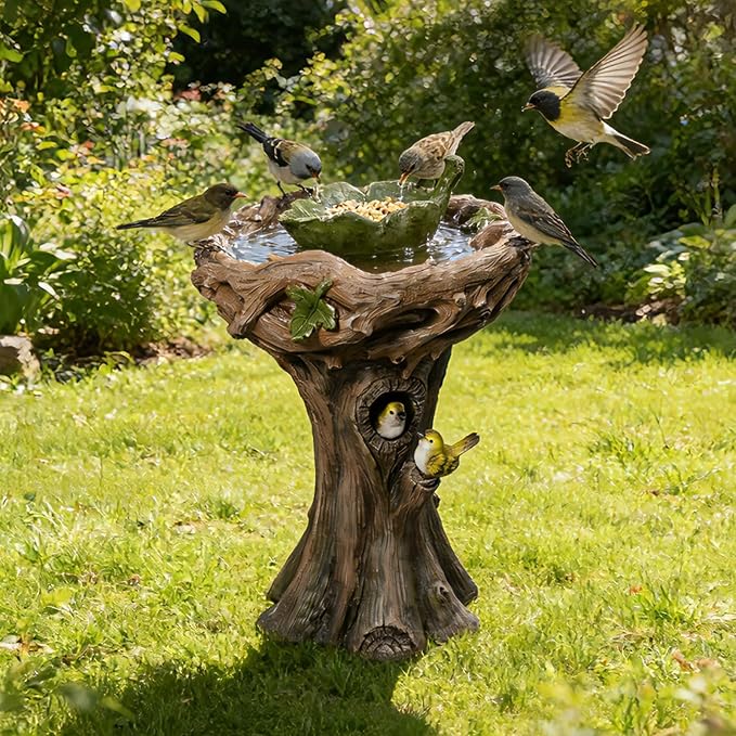 29.5" Bird Bath and Bird Feeder Combo for Garden - Tree Stump Design Resin Birdbath with Leaf Shape Seed Tray and 3D Bird Ornaments, Weather Resistant Garden Statue for Yard & Patio Decor (Brown)