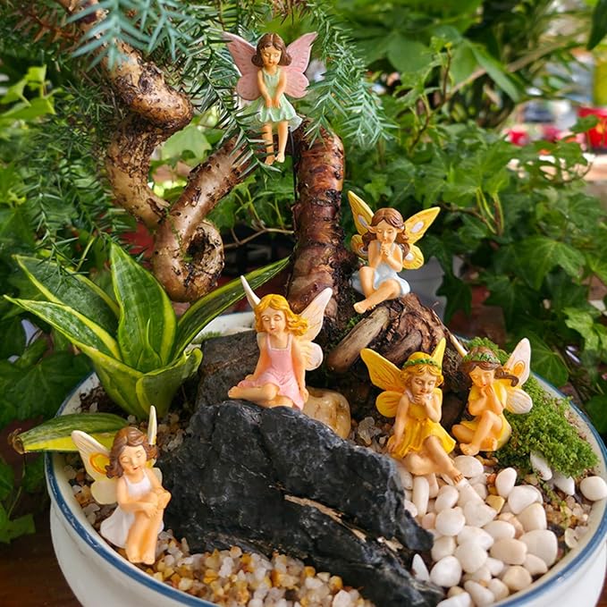 6PCS Fairy Garden Decor Fairies,Yard Sculpture Lawn Ornament Mini Garden Art Outdoor Decor Accessories with Lantern (6 Resin Fairies)