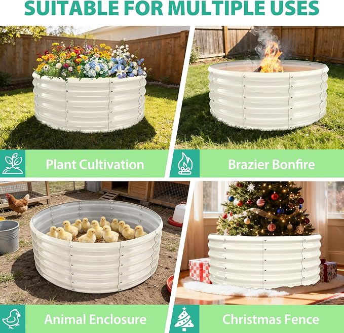YSEJOMP 17" Tall Round Outdoor Garden Raised Garden Bed Kits-0.8MM Thick Metal Raised Planter Bed/Ground Planter Box for Variety of Flowers,Herbs,Vegetables,Trees (Cream White, 40 Dia X 16.5 inches)