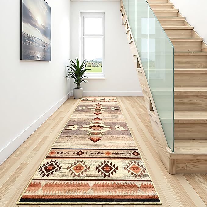 BENRON Western Hallway Runner Rug 2x8, Long Runners for Kitchen, Warm Beige | Southwest aztec Rug, Accent and Tribal Throw Rugs for Bedroom, Washable