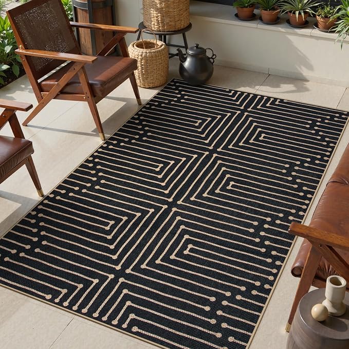 Lahome 3x5 Easy Jute Rugs for Entryway, Black and White Outdoor Rug | Modern Maze Lines Indoor Outdoor Patio Rug, Non Slip Stain Resistant Front Door Carpet for Porch Balcony